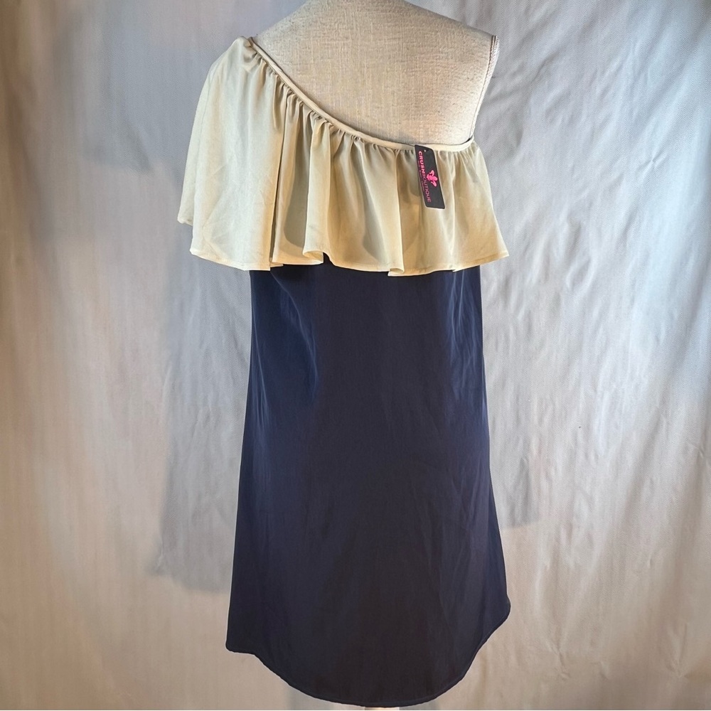 Basically Me  Mini Dress Navy Blue One Shoulder Cream Ruffle Neckline L - Picture 5 of 8